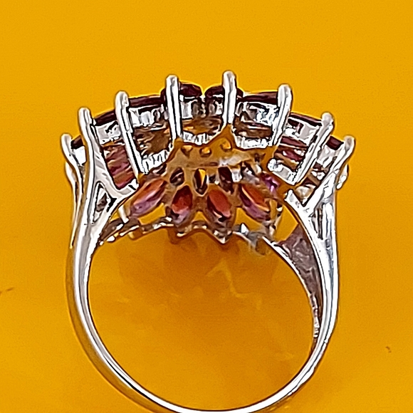 Natural Rhodolite 6x3mm & Sapphire 925 Sterling Silver Sunflower Ring Sz 8 - Picture 6 of 10